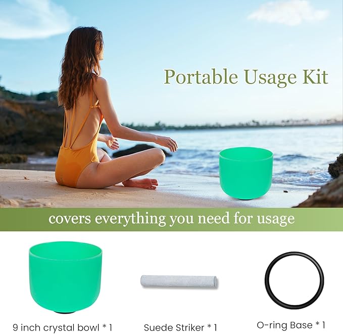 432HZ 9 Inchs Frosted Crystal Singing Bowl Set for Meditation Healing Yoga Chakra Quartz Crystal Sound Bowls with Heavy Duty Carry Case and Rubber Mallet,Suede Striker,O-rings