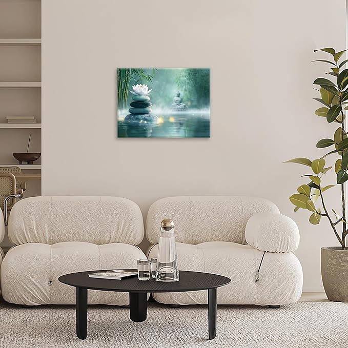 Olivine Zen Decor Wall Art, Lotus Pictures Wall Decor, Stones Flower Bloom Canvas Prints Painting, Framed Artwork for Meditation Bathroom Bedroom Living Room Office Home Decoration 16"x12"