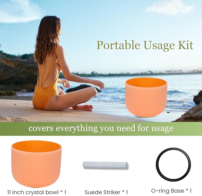 432HZ 11 Inchs Frosted Crystal Singing Bowl Set for Meditation Healing Yoga Chakra Quartz Crystal Sound Bowls with Heavy Duty Carry Case and Rubber Mallet,Suede Striker,O-rings