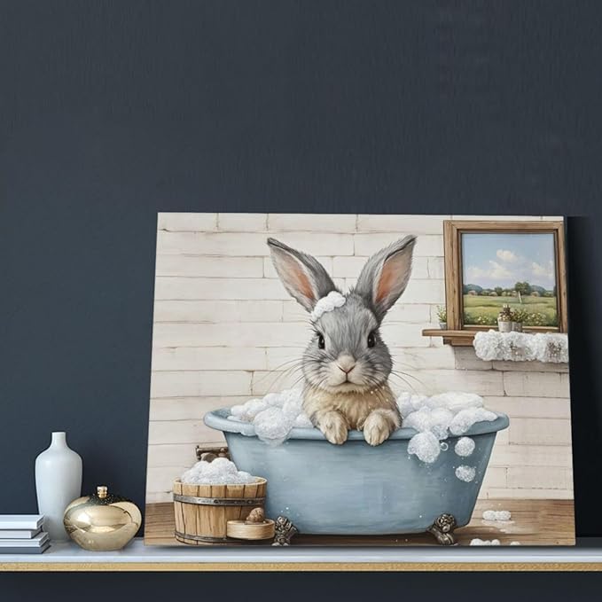 Farmhouse Bunny Bathroom Decor Wall Art Rabbit Pictures Canvas Prints Rustic Country Bathroom Painting Artwork Easter Decoration Framed Gifts for Women Girl Restroom Toilet 16"x20"
