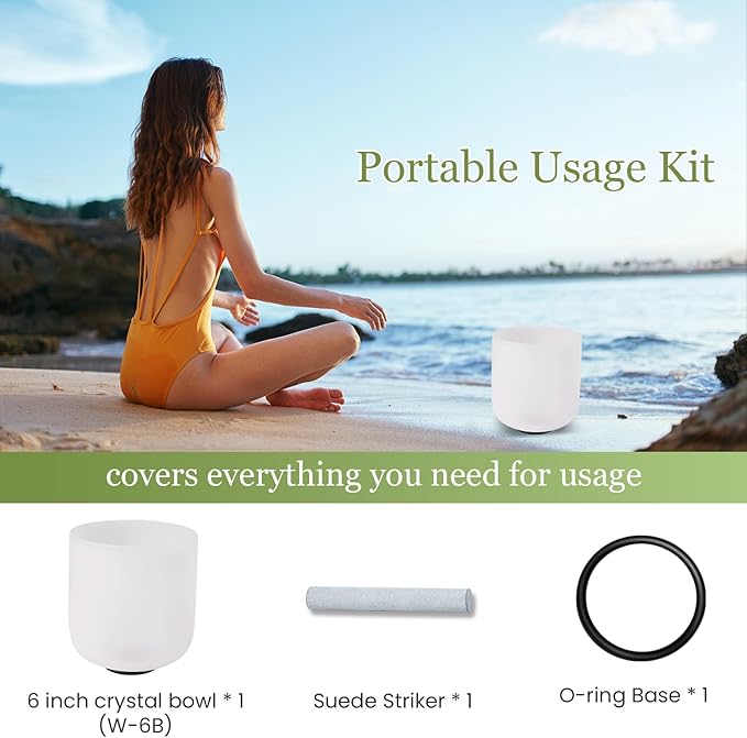 432HZ 6 Inchs Frosted Crystal Singing Bowl Set for Meditation Healing Yoga Chakra Quartz Crystal Sound Bowls with Heavy Duty Carry Case and Rubber Mallet,Suede Striker,O-rings