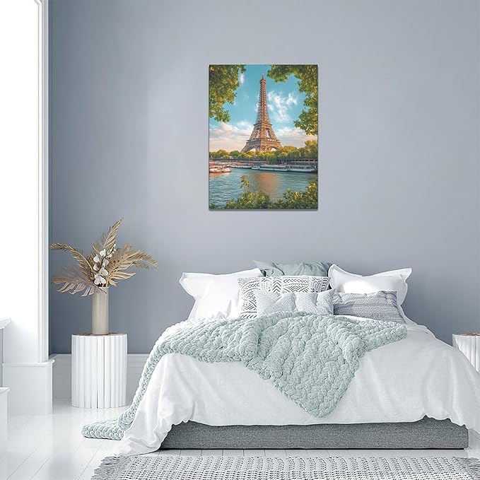 Eiffel Tower Wall Art Paris Eiffel Tower Wall Decor Cityscape Pictures Canvas Painting Framed Artwork Home Decorations for Bathroom Living Room Bedroom Office Kitchen 12"x16"