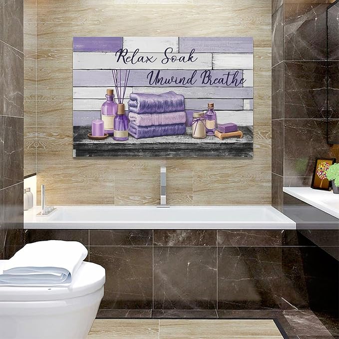 Farmhouse Bathroom Wall Art Relax Soak Unwind Breathe Wall Decor Rustic Bathroom Pictures Canvas Painting Framed Artwork Purple Country Home Decorations for Toilet Lavatory 24"x16"