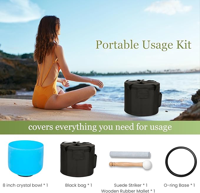 432HZ 8 Inchs G Note Blue Frosted Crystal Singing Bowl for Meditation Healing Yoga Chakra Quartz Crystal Sound Bowls with Heavy Duty Carry Case and Rubber Mallet,Suede Striker,O-rings