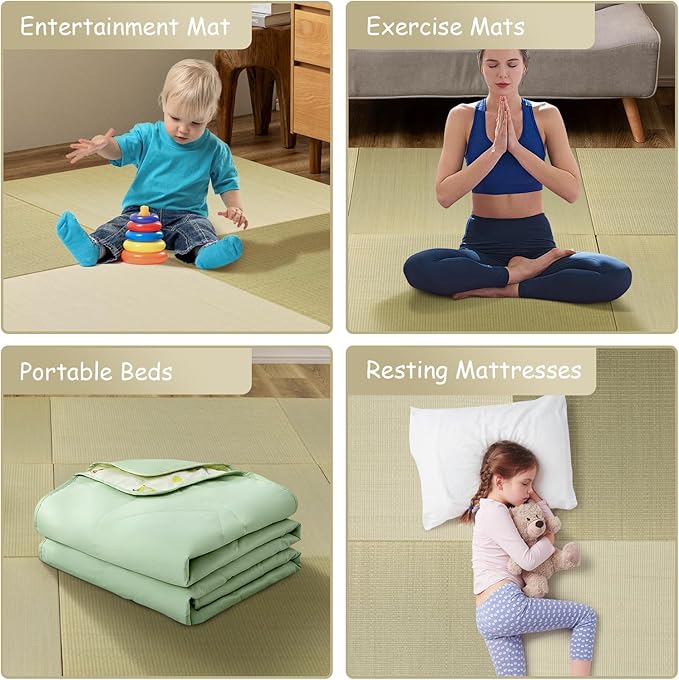 HAGiHARA Japanese Tatami Mat, Patchwork Tatami Floor Mats, 64" x 64" Foldable Square with Non-Slip Design for Bedroom, Crawling and Yoga, Made of Rush Grass, Igusa(Without Edge/4 Picecs)