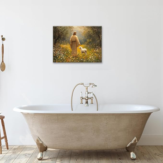 Olivine Christian Wall Art, Jesus Pictures Wall Decor, Lamb Painting, The Lost Sheep Canvas Prints, Framed Artwork for Kitchen Bathroom Bedroom Living Room Office Home Decoration 16"x12"