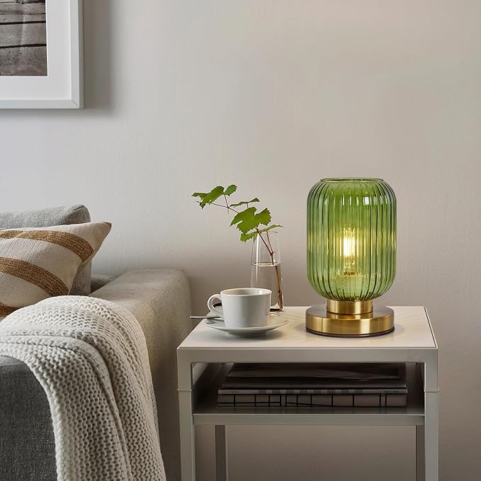 Glass Table Lamps Mid Century Modern Globe, Dimmable Green Table Lamp for Nightstand, Small Gold Table Lamp, Green Pumpkin Design Ribbed Glass Vintage Bedside Lamp for Bedroom Living Room Office