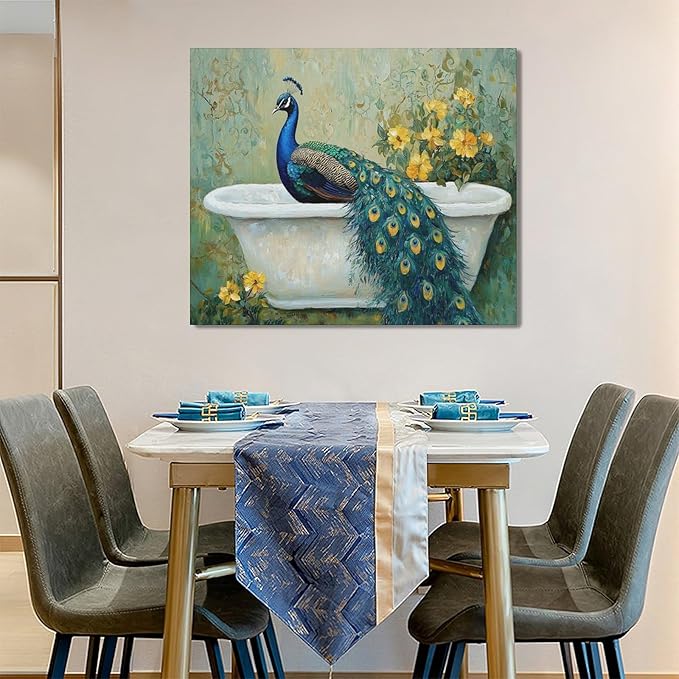 Fleruku Vintage Peacock Wall Art Elegance Bathroom Wall Decor Green Peacock Pictures Canvas Painting Artwork Home Decorations for Living Room Bedroom Office 24"x20"