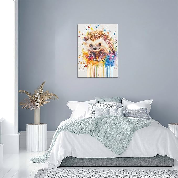 Fleruku Watercolor Hedgehog Wall Art Colorful Hedgehog Wall Decor Cute Animal Pictures Canvas Painting Artwork Home Decorations for Living Room Bedroom Bathroom Office Nursery Classroom 12"x16"