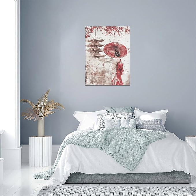 Japan Wall Art Japanese Geisha Wall Decor Cherry Blossoms Farmhouse Japan Pictures Canvas Painting Artwork Home Decorations for Living Room Bedroom Bathroom Office Classroom 12"x16"