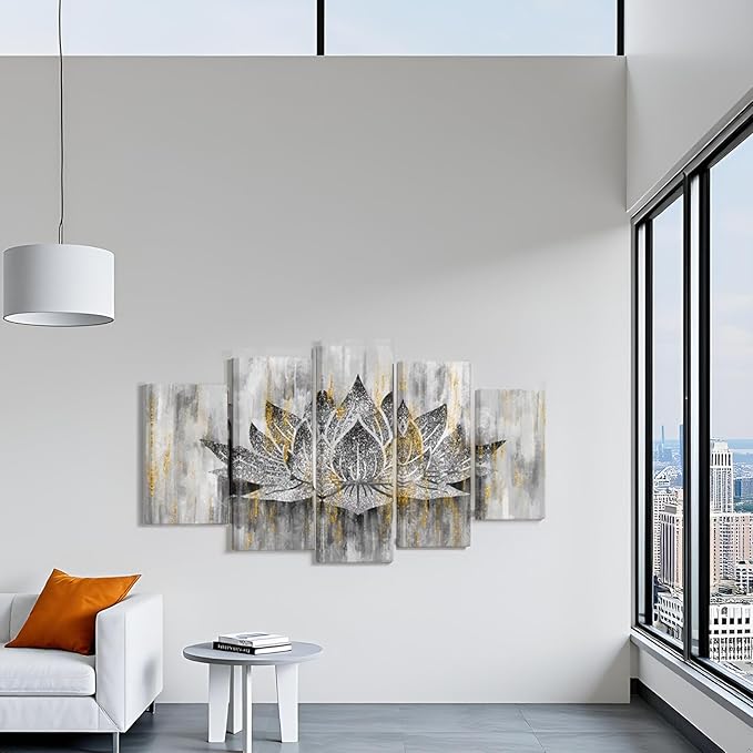 LevvArts 5 Panel Lotus Flower Wall Art Trendy Silver Golden Flower Painting Canvas Prints Zen Lotus Picture Artwork for Living Room Yoga Meditation Spiritual Decor Framed Ready to Hang