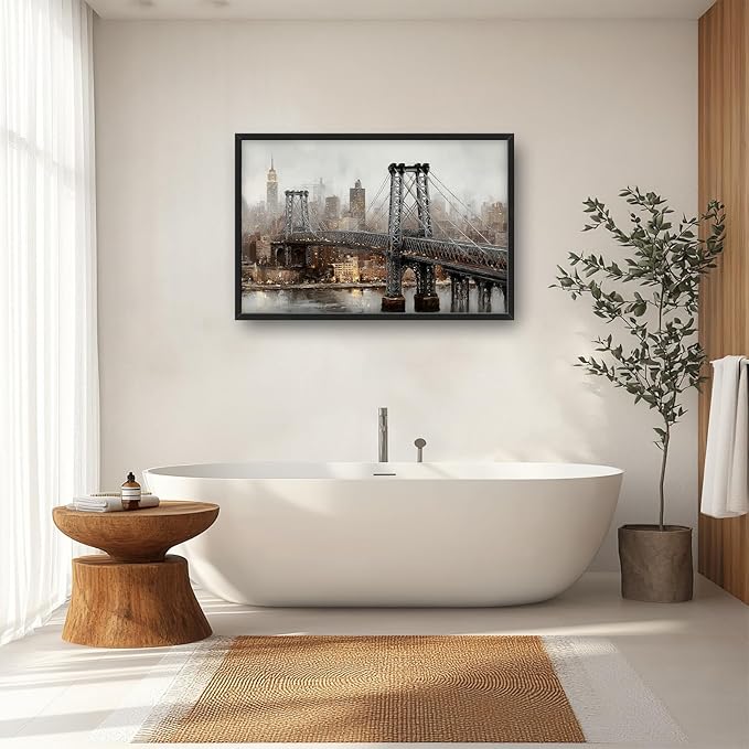 Glocmna Large New York City Skyline Wall Art for Living Room Manhattan Bridge Canvas Wall Decor Modern Architecture Oil Painting Pictures Print Framed Artwork Decorations Bedroom Home Office Dinning room 24"x36"