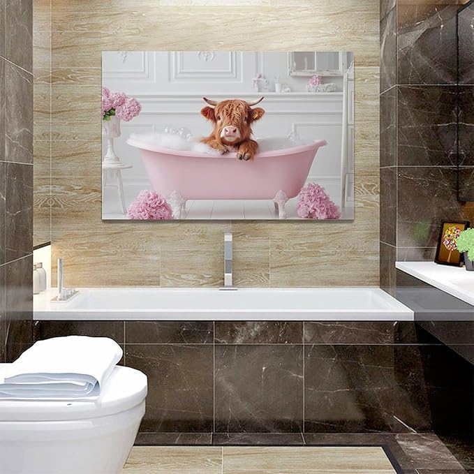 Bathroom Cow Wall Art Highland Cow Wall Decor Pink Pictures Canvas Painting Framed Artwork Home Decorations for Toilet Lavatory Living Room Bedroom 24"x16"
