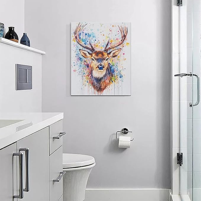 Fleruku Watercolor Deer Wall Art Colorful Elk Wall Decor Antlers Pictures Animal Canvas Painting Artwork Home Decorations for Living Room Bedroom Bathroom Office Nursery Classroom 16"x20"