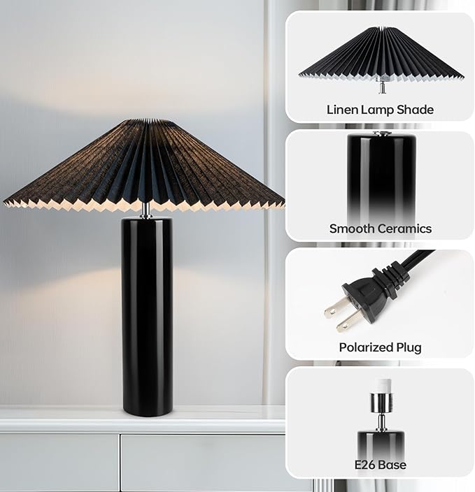 Elegant 45° Rotatable Ceramic Table Lamp (A15 Bulb Included), Pleated Flexible Light, Angle Control for Home, Office, Bedroom Decor - Modern Stylish Desk Lamp, Black