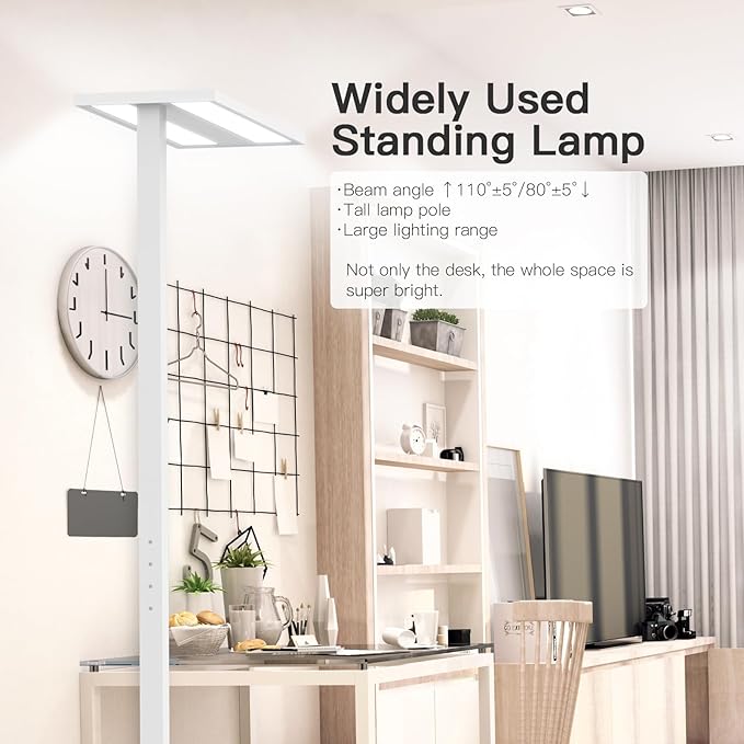 STERREN 76" Led Floor Lamp, 105W White Modern Free-Standing Lamp,11100LM Dimmable Eye-Care Tall Reading Lamp for Reading Study Room,Office,Meeting Room,4000K Natural Daylight