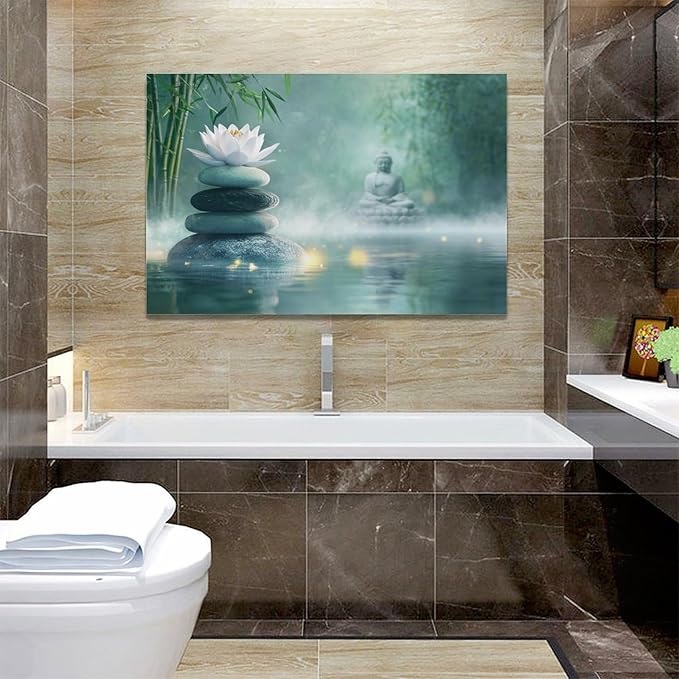 Olivine Zen Decor Wall Art, Lotus Pictures Wall Decor, Stones Flower Bloom Canvas Prints Painting, Framed Artwork for Meditation Bathroom Bedroom Living Room Office Home Decoration 24"x16"
