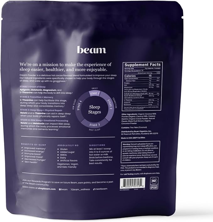 Beam Dream Sleep Powder, L-Theanine, Apigenin, Reishi and Magnesium, Third Party Tested Natural Sleep Aid & Sleep Supplement for Deep Sleep, Relaxation and Recovery, Natural Sleep Support, 30 Servings