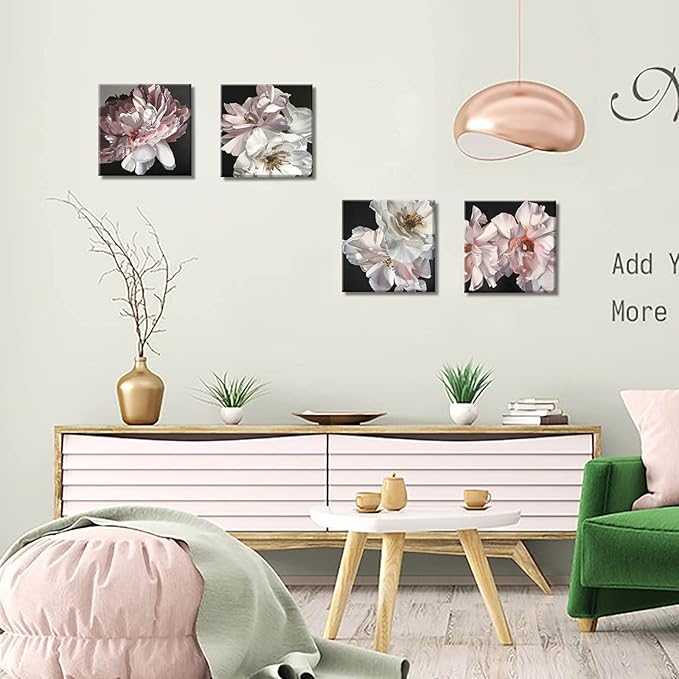 Yxbhhym Floral Canvas Wall Art White Flowers Wall Picturs Prints Pink Florals Artwork for Wall Décor Painting Poster for Bathroom Art Living Room Decor-Framed Wall Art -12x12inches x 4 pcs