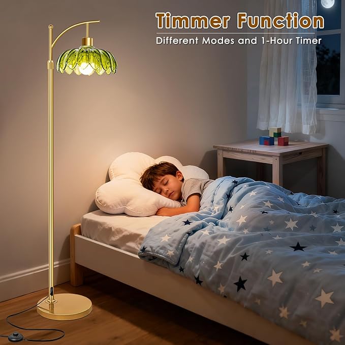 Arc Floor Lamp with Remote, Modern Gold Floor Lamps for Living Room, Dimmable LED Standing Lamp with 3 Color Temperature, Boho Retro Glass Flower Lamp, Tall Lamp for Bedroom Office Corner