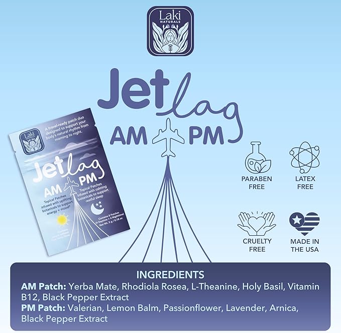 Jet Lag AM & PM Travel Patches – Natural Day & Night Support for Travelers – Energy, Focus & Restful Sleep – with B12, Rhodiola, Valerian, Lemon Balm, Lavender & More – 8 Topical Patches