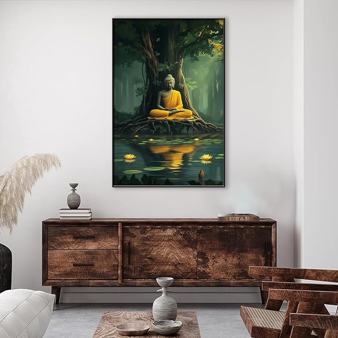 Buddha Canvas Wall Art, Buddha in the Green Jungle Painting Print Poster, Zen Statue Art Pictures Artwork, Meditation Buddhism Wall Decor for Yoga Room, Living Room (Gold Framed, 32x48in|82x122cm)