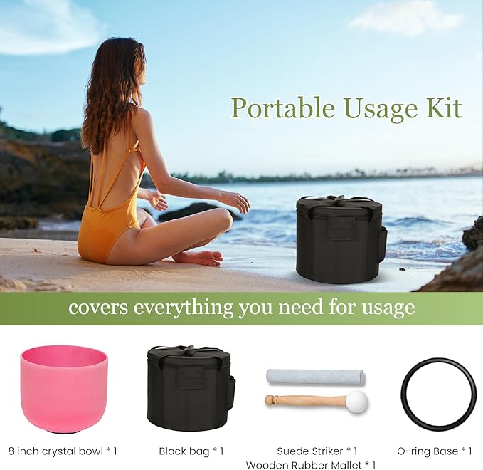 432HZ 8 Inchs C Note Red Frosted Crystal Singing Bowl for Meditation Healing Yoga Chakra Quartz Crystal Sound Bowls with Heavy Duty Carry Case and Rubber Mallet,Suede Striker,O-rings