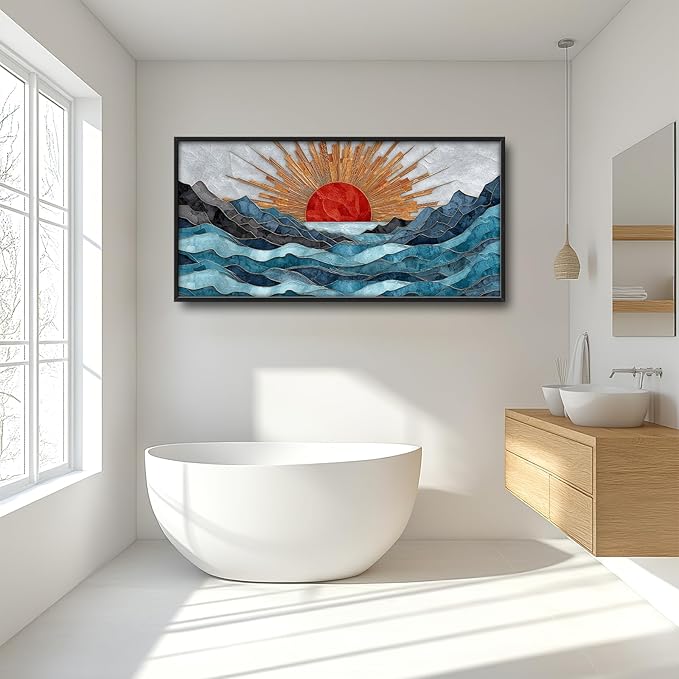 Glocmna Large Wall Art for Living Room Japanese Stained Glass Mountain Sunrise Wall Decor Modern Oriental Landscape Canvas Big Pictures Painting Print Framed Artwork Decorations Gifts for Bedroom Home Office Hotel 30"x60"