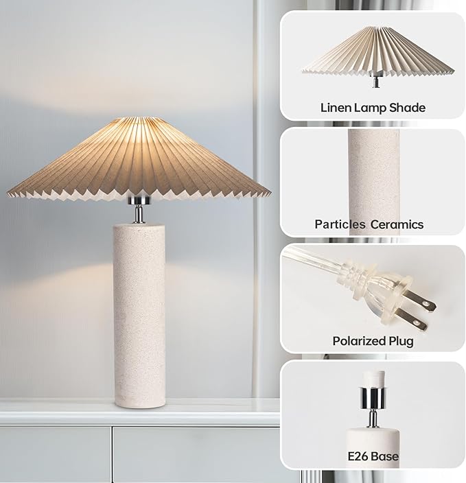 Elegant 45° Rotatable Ceramic Table Lamp (A15 Bulb Included), Pleated Flexible Light, Angle Control for Home, Office, Bedroom Decor - Modern Stylish Desk Lamp, White