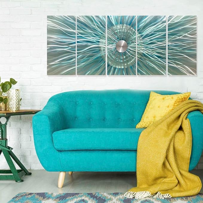 RICHSPACE ARTS Aqua Teal and Silver Sculpture Decor Large 3d Modern Contemporary Metal Wall Art Oversized Abstract Painting Artwork on Aluminum for Living Room Bedroom Office Walls