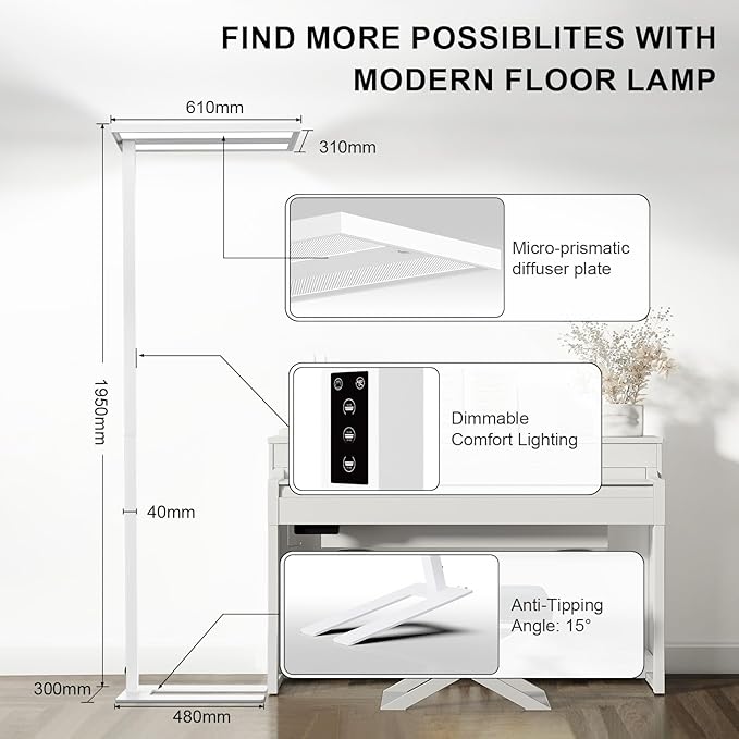 STERREN 76'' Motion Sensor Floor Lamp, 100W Modern LED Floor Lamp, Smart Full-Spectrum Office Standing Lamp, 9300LM Bright Reading Lamp for Study Room,Living Room,Bedroom, 2700K-5000K