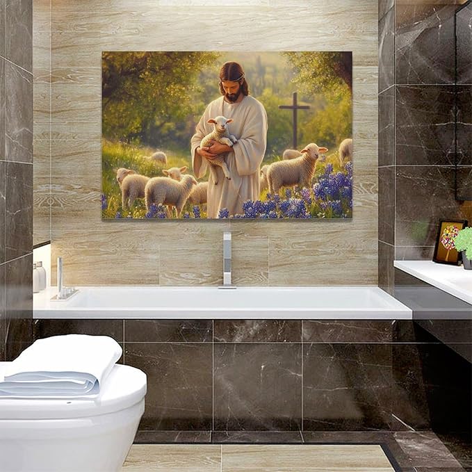 Fleruku Jesus Lamb Wall Art Christ Christian Wall Decor Jesus Religious Sign Pictures Canvas Painting Artwork Home Decorations for Living Room Bedroom Bathroom Office 24"x16"