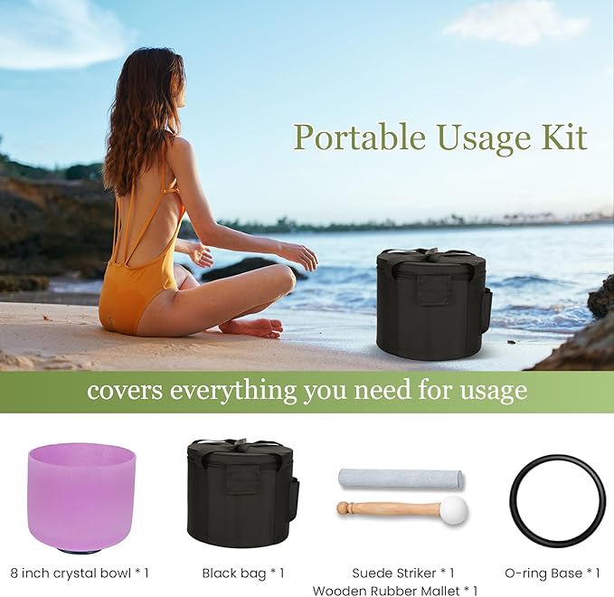 432HZ 8 Inchs B Note Purple Frosted Crystal Singing Bowl for Meditation Healing Yoga Chakra Quartz Crystal Sound Bowls with Heavy Duty Carry Case and Rubber Mallet,Suede Striker,O-ring