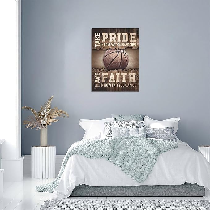 Fleruku Rustic Basketball Wall Art Sports Wall Decor Inspirational Quotes Brown Pictures Basketball Sign Canvas Painting Artwork Home Decorations For Boy Man Teenager Fans Bedroom Living Room 12"x16"