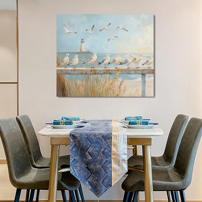 Olivine Beach Wall Art, Coastal Seagull Lighthouse Bathroom Pictures, Nautical Canvas Prints Painting for Living Room Bedroom Dinning Room Kitchen 24"x20" Inch Framed
