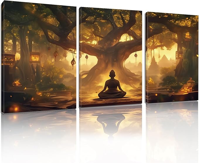 WithHope 3 Piece Buddha Canvas Wall Art, Buddha Home Decor, Buddhist Decorations, Zen Canvas Wall Art, Tree of Life Artwork, Zen Decorations, Modern Painting, Living Room Decor (24" x 36" x 3 pcs)