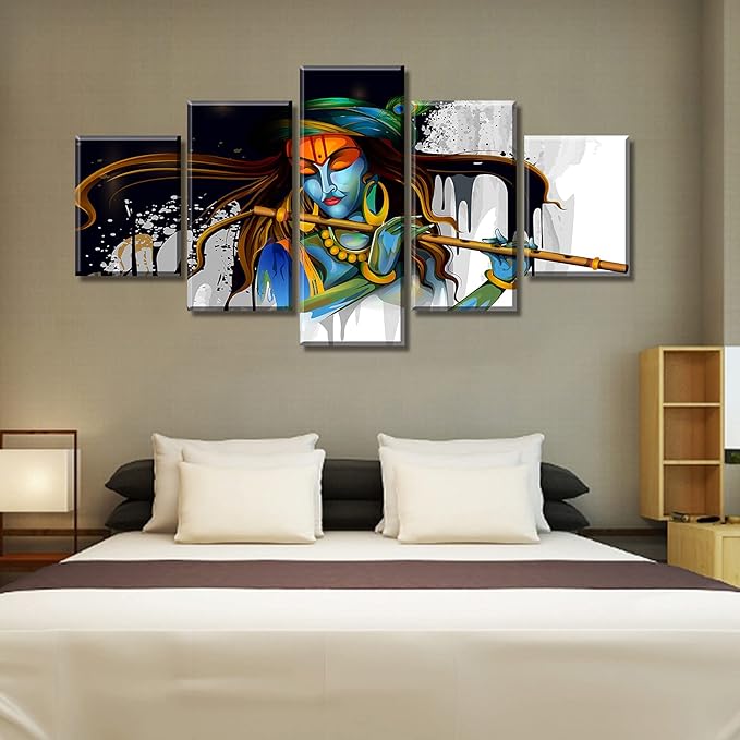 DJSYLIFE Large 5 Piece Hindu God Krishna Wall Decor Canvas Printed for Living Room Decorative Indian Painting Modern Home Decor Stretched and Framed Ready to Hang 60" Wx32 H