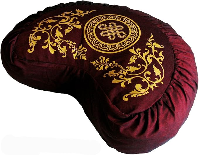 Meditation Cushion Crescent Buckwheat Zafu Pillow (Eternal Knot Burgundy)