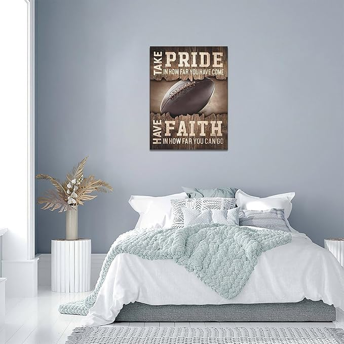 Fleruku Rustic Football Wall Art Sports Wall Decor Inspirational Quotes Brown Pictures Football Sign Canvas Painting Artwork Home Decorations for Boy Man Teenager Fans Bedroom Living Room 12"x16"
