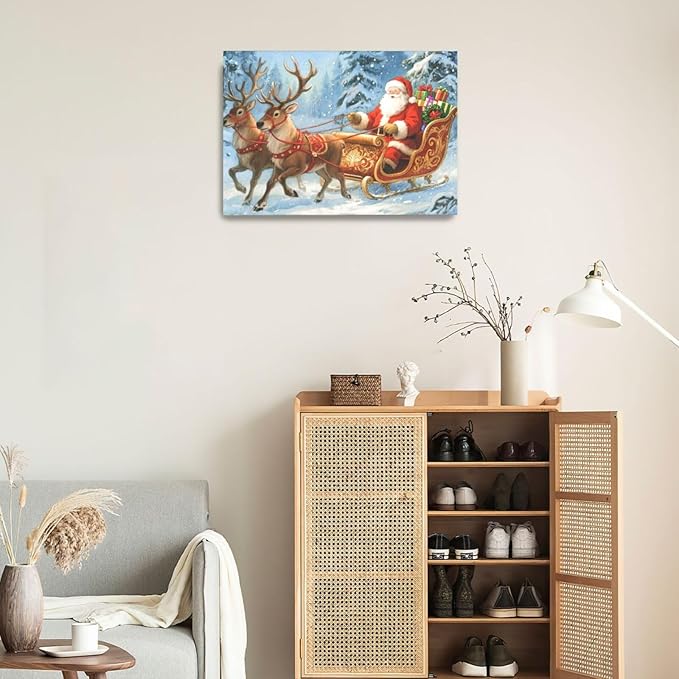 Santa Claus Christmas Wall Art Winter Santa Claus Reindeer Canvas Wall Decor Winter Christmas Pictures Painting Artwork Decoration Framed Gifts for Women Girl Bedroom Living Room Dining Office 16"x24"