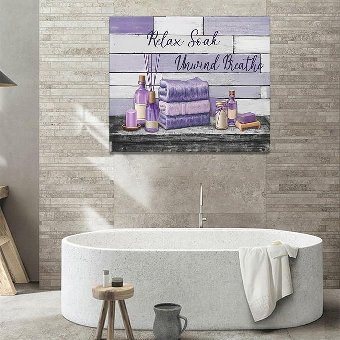 Farmhouse Bathroom Wall Art Relax Soak Unwind Breathe Wall Decor Rustic Bathroom Pictures Canvas Painting Framed Artwork Purple Country Home Decorations for Toilet Lavatory 24"x20"