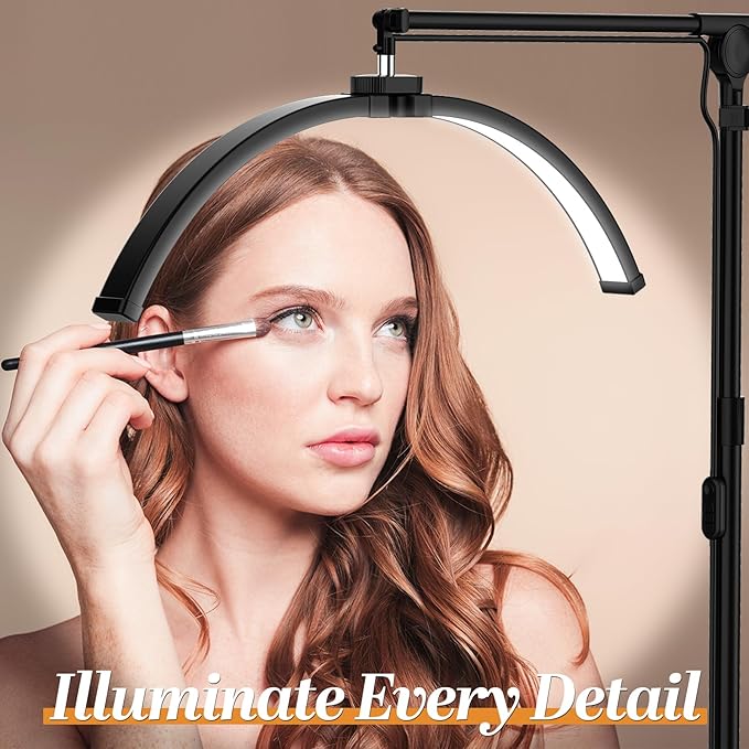 Esthetician Light, 3-Color Dimmable Lash Lamp, 308 LED Beads Shadowless Half Moon Light, Lash Foldable Floor Lamp with 360° Rotation for Beauty, Tattoo, Spotlight, Reading