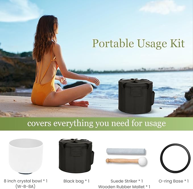 432HZ 8 Inchs A Note White Frosted Crystal Singing Bowl for Meditation Healing Yoga Chakra Quartz Crystal Sound Bowls with Heavy Duty Carry Case and Rubber Mallet,Suede Striker,O-rings