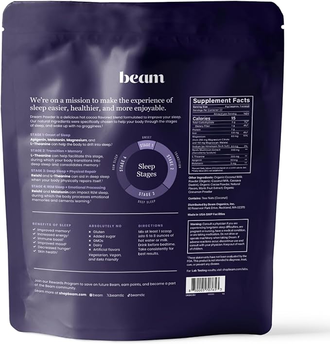 Beam Dream Sleep Powder, L-Theanine, Apigenin, Reishi and Magnesium, Third Party Tested Natural Sleep Aid & Sleep Supplement for Deep Sleep, Relaxation and Recovery, Natural Sleep Support, 22 Servings