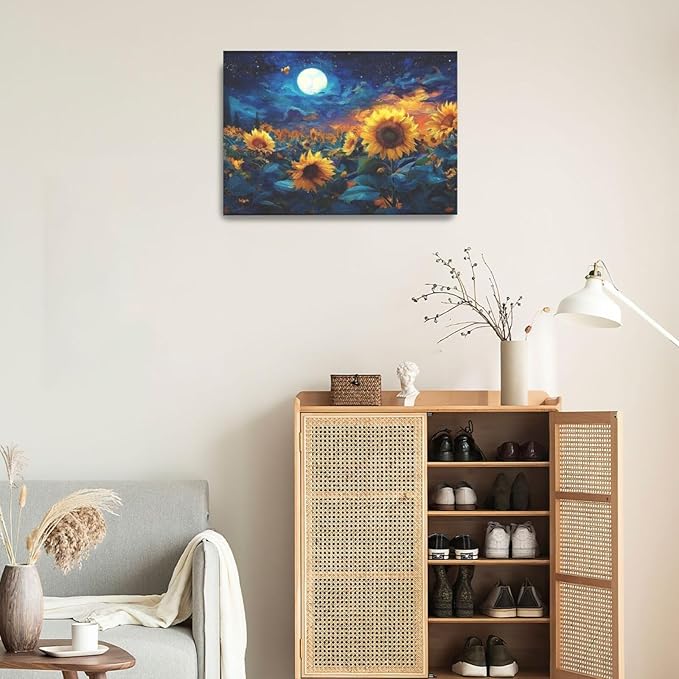 Sunflower Canvas Wall Art Starry Night Pictures Painting Yellow Floral Wall Decor Prints Framed Artwork Decoration for Living Room Bedroom Bathroom Dining Room Office 16"x24"