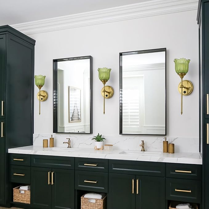 Modern Wall Sconces Set of 2 with Green Flower Glass Shade, Mid Century Bathroom Vanity Wall Light Fixtures Gold Vintage Wall Lights with Switch for Mirror Bedroom Living Room