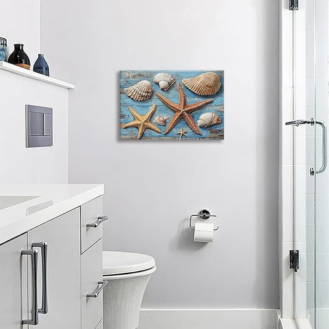 Olivine Seashell Wall Art, Coastal Starfish Pictures Wall Decor, Beach Theme Painting, Blue Seashell Canvas Prints, Framed Artwork for Bathroom Bedroom Living Room Office Home Decoration 24''x16''