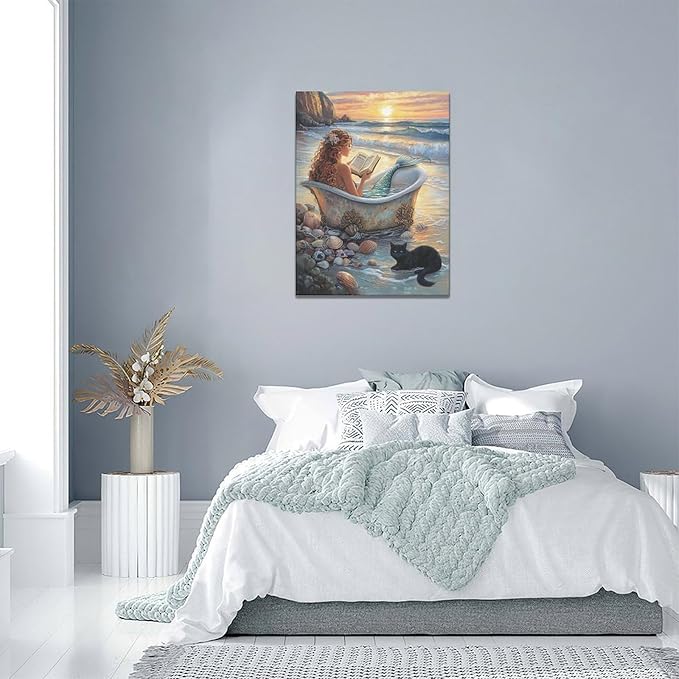 Mermaid Wall Art Beach Coastal Nautical Wall Decor Sunset Cat Pictures Canvas Painting Framed Artwork Home Decorations for Bathroom Living Room Bedroom Office 12"x16"