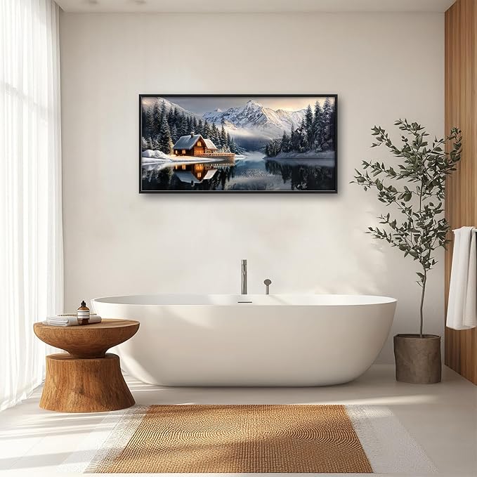 Winter Large Wall Art Mountain Lake Log Cabin Nature Pictures Wall Decor Landscape Canvas Prints Paintings Home Office Decorations Above Bed Framed Artwork for Living Room Dinning Room 60"x30"
