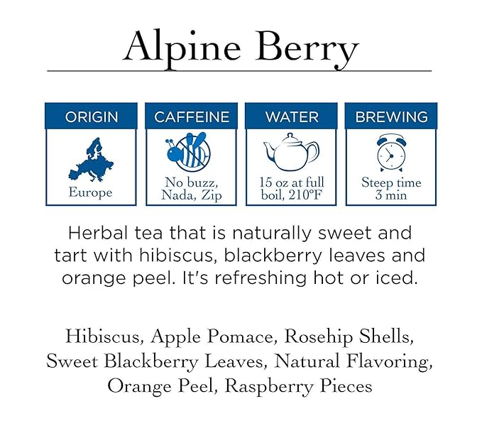 Two Leaves and a Bud Alpine Berry Herbal Tea Bags, Naturally Caffeine Free, Whole Leaf Herbal Tea with Hibiscus in Sachets, 15 Count (Pack of 6)